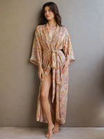 Load image into Gallery viewer, Boho Paisley Print Maxi Kimono Robe for Women | Lightweight Long Lounge Robe with Waist Tie | Resort Wear & Bridal Getting Ready Robe