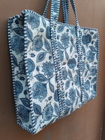 Load image into Gallery viewer, Blue Floral Quilted Tote Bag, Handmade Cotton Shoulder Bag, Block Print Tote, Large Everyday Shopper, Boho Market Bag, Travel Tote, Gift for Her