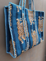 Load image into Gallery viewer, Handmade Quilted Cotton Tote Bag | Blue Tiger Print Shoulder Bag | Block Print Everyday Tote | Reversible Travel Shopping Bag