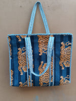 Load image into Gallery viewer, Handmade Quilted Cotton Tote Bag | Blue Tiger Print Shoulder Bag | Block Print Everyday Tote | Reversible Travel Shopping Bag