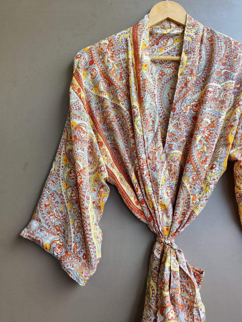 Boho Paisley Print Maxi Kimono Robe for Women | Lightweight Long Lounge Robe with Waist Tie | Resort Wear & Bridal Getting Ready Robe