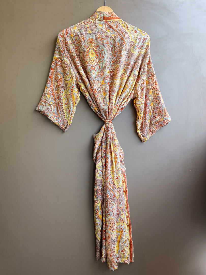 Boho Paisley Print Maxi Kimono Robe for Women | Lightweight Long Lounge Robe with Waist Tie | Resort Wear & Bridal Getting Ready Robe