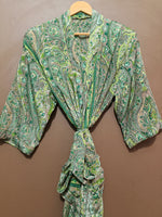 Load image into Gallery viewer, Green Paisley Cotton Kimono Robe for Women | Lightweight Long Bathrobe, Bridesmaid Robe, Beach Cover Up &amp; Loungewear