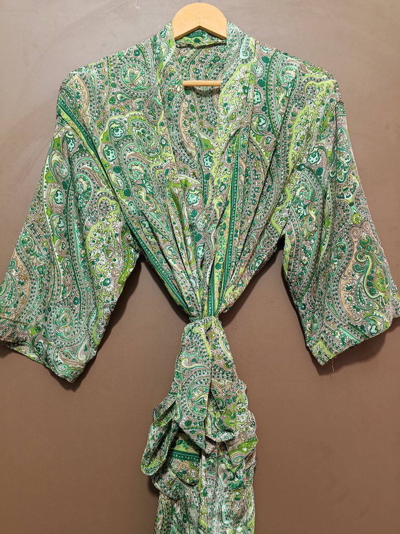 Green Paisley Cotton Kimono Robe for Women | Lightweight Long Bathrobe, Bridesmaid Robe, Beach Cover Up & Loungewear