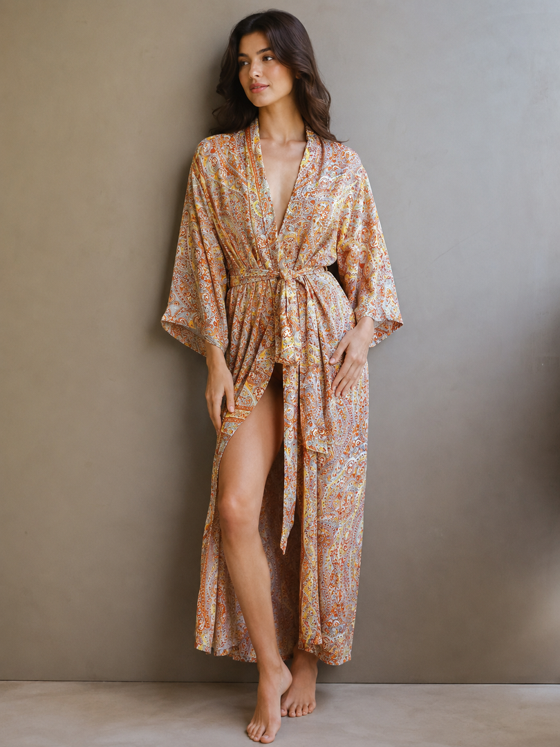 Boho Paisley Print Maxi Kimono Robe for Women | Lightweight Long Lounge Robe with Waist Tie | Resort Wear & Bridal Getting Ready Robe