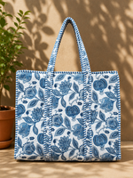 Load image into Gallery viewer, Blue Floral Quilted Tote Bag, Handmade Cotton Shoulder Bag, Block Print Tote, Large Everyday Shopper, Boho Market Bag, Travel Tote, Gift for Her