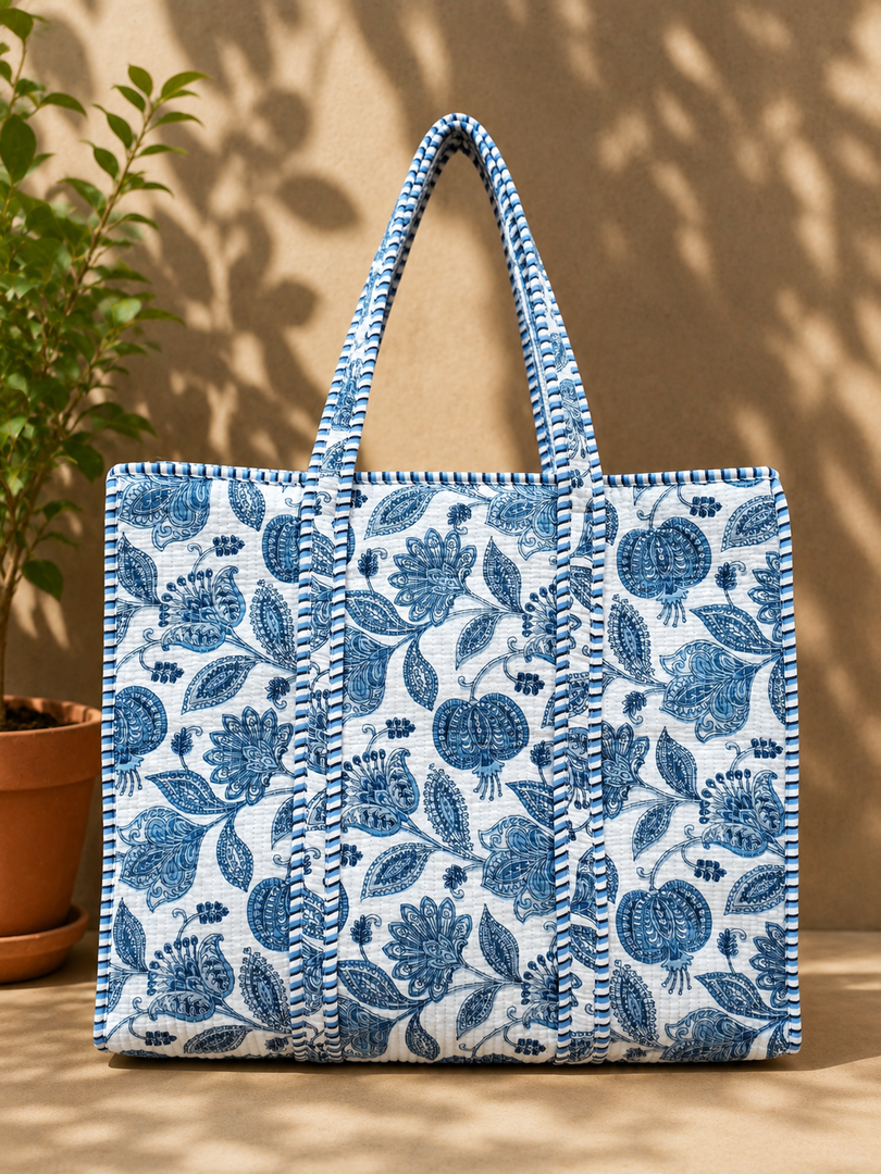 Blue Floral Quilted Tote Bag, Handmade Cotton Shoulder Bag, Block Print Tote, Large Everyday Shopper, Boho Market Bag, Travel Tote, Gift for Her