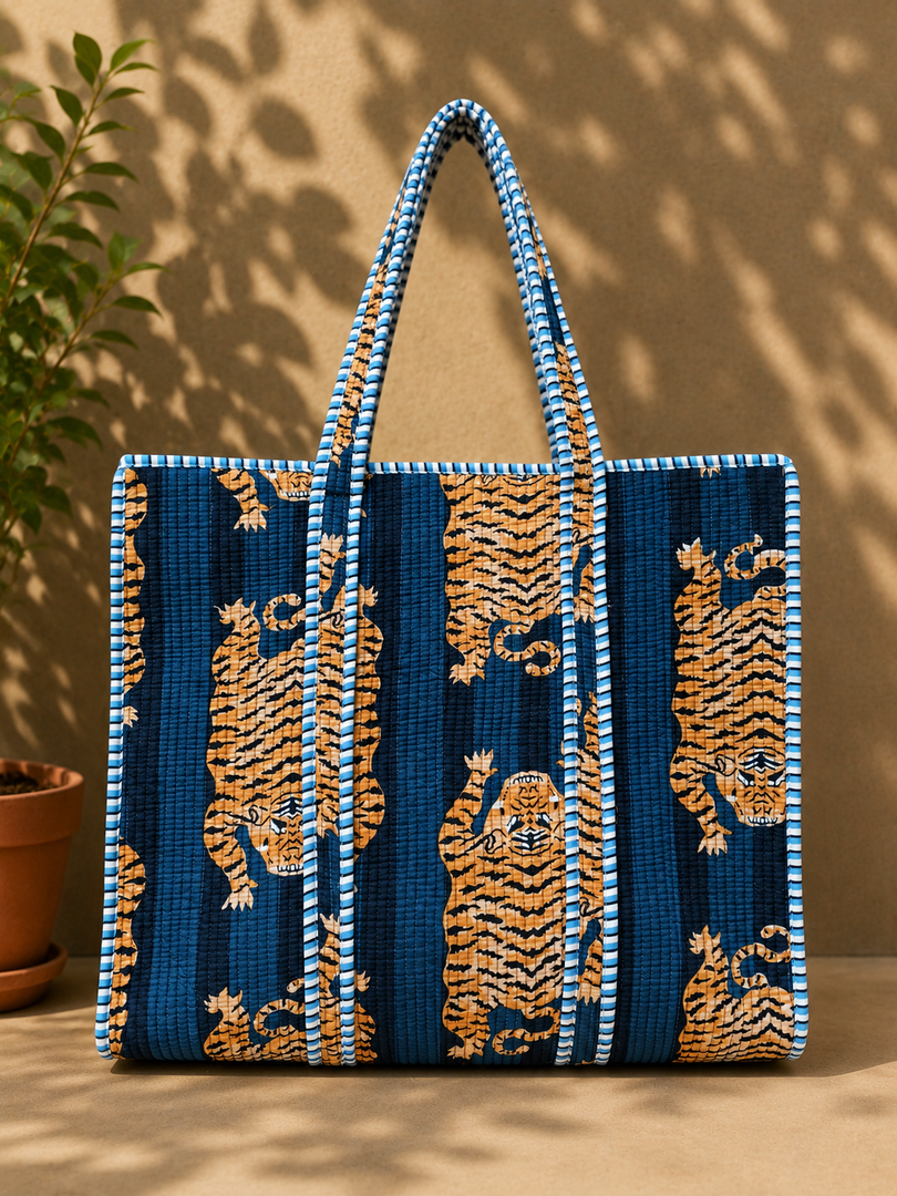 Handmade Quilted Cotton Tote Bag | Blue Tiger Print Shoulder Bag | Block Print Everyday Tote | Reversible Travel Shopping Bag