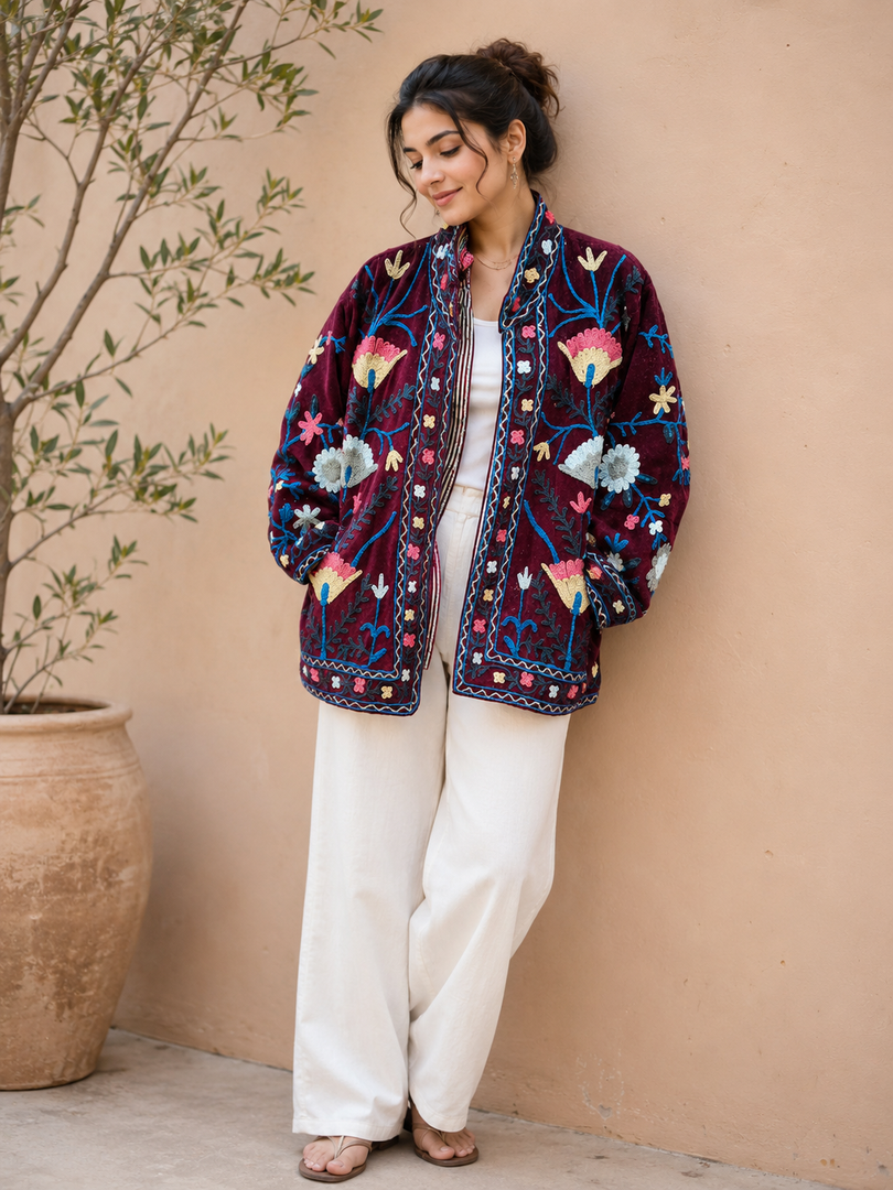Handmade Burgundy Velvet Suzani Jacket, Floral Embroidered Boho Coat