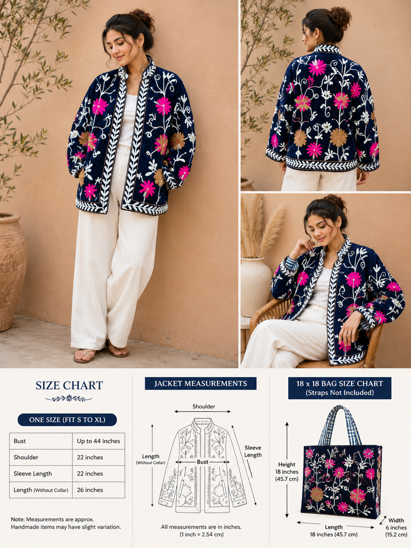 Handmade Navy Blue Velvet Suzani Jacket, Floral Embroidered Boho Coat
