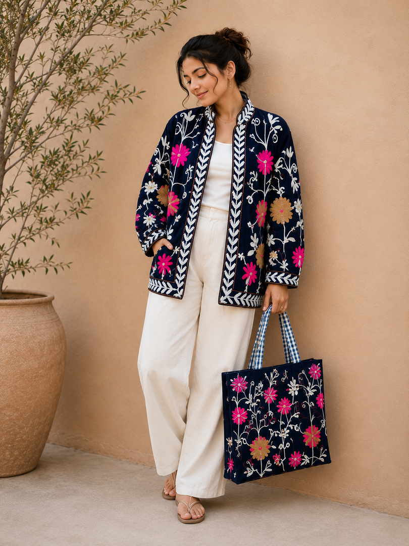 Handmade Navy Blue Velvet Suzani Jacket, Floral Embroidered Boho Coat