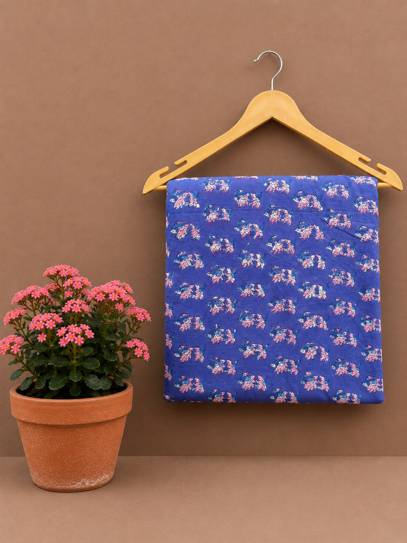 Handmade Blue Block Print Cotton Fabric | Indian Floral Cotton Fabric | Soft Printed Fabric by Yard | Dress Making Fabric | Quilting & Craft Fabric