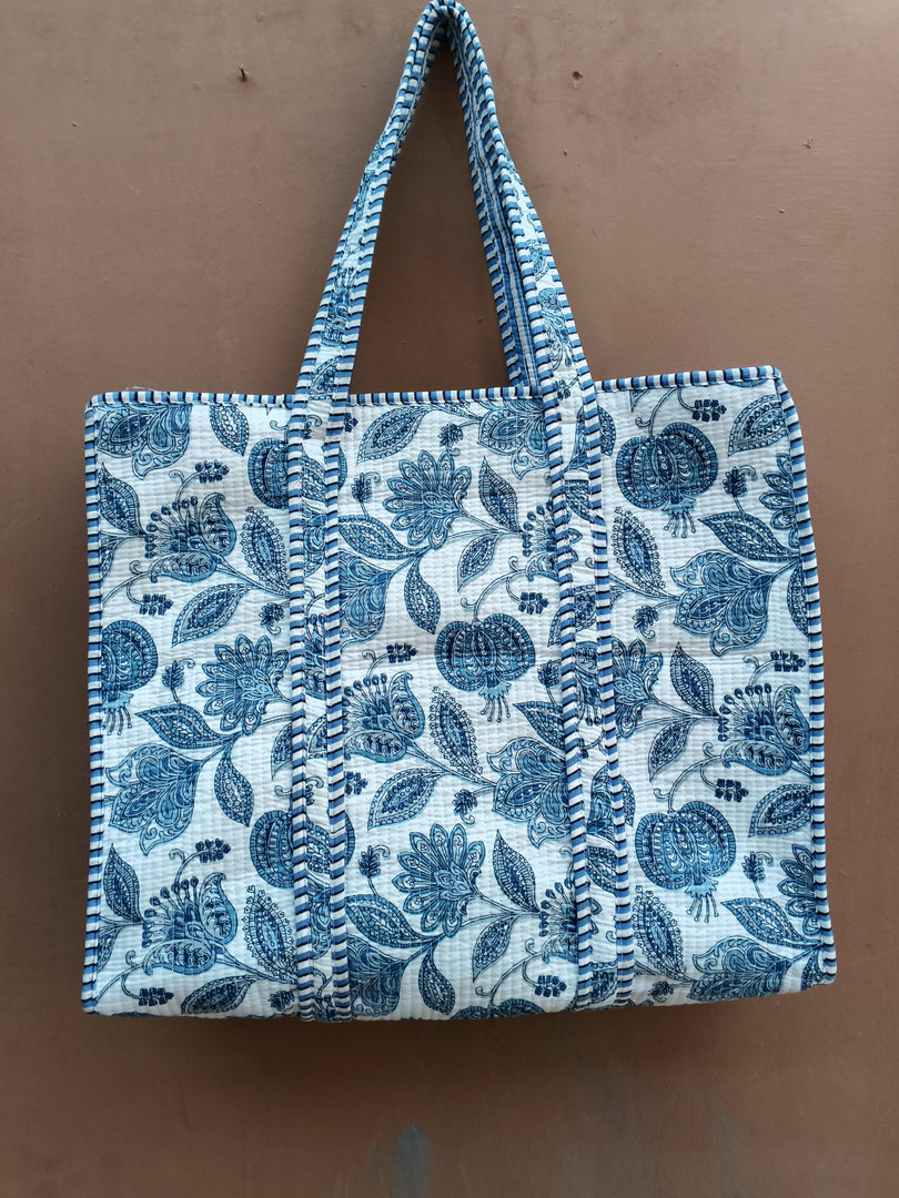 Blue Floral Quilted Tote Bag, Handmade Cotton Shoulder Bag, Block Print Tote, Large Everyday Shopper, Boho Market Bag, Travel Tote, Gift for Her