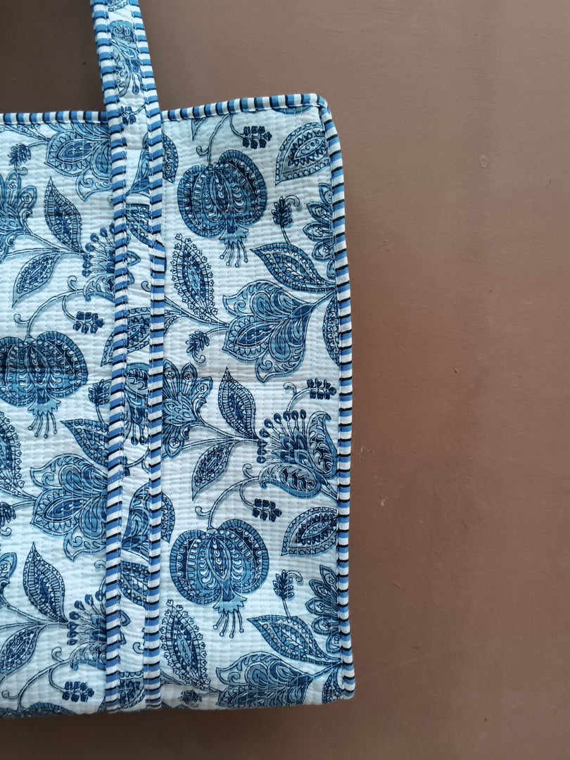 Blue Floral Quilted Tote Bag, Handmade Cotton Shoulder Bag, Block Print Tote, Large Everyday Shopper, Boho Market Bag, Travel Tote, Gift for Her