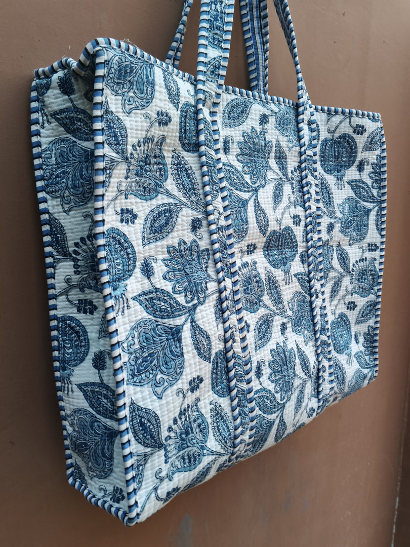 Blue Floral Quilted Tote Bag, Handmade Cotton Shoulder Bag, Block Print Tote, Large Everyday Shopper, Boho Market Bag, Travel Tote, Gift for Her