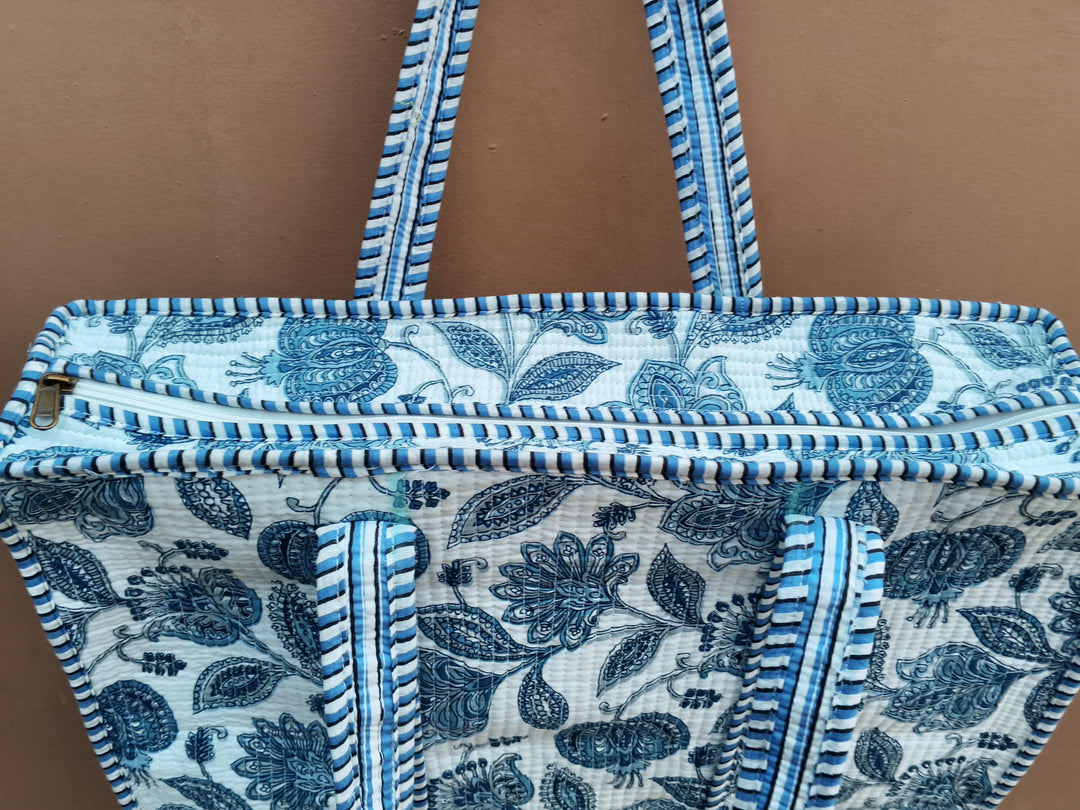 Blue Floral Quilted Tote Bag, Handmade Cotton Shoulder Bag, Block Print Tote, Large Everyday Shopper, Boho Market Bag, Travel Tote, Gift for Her