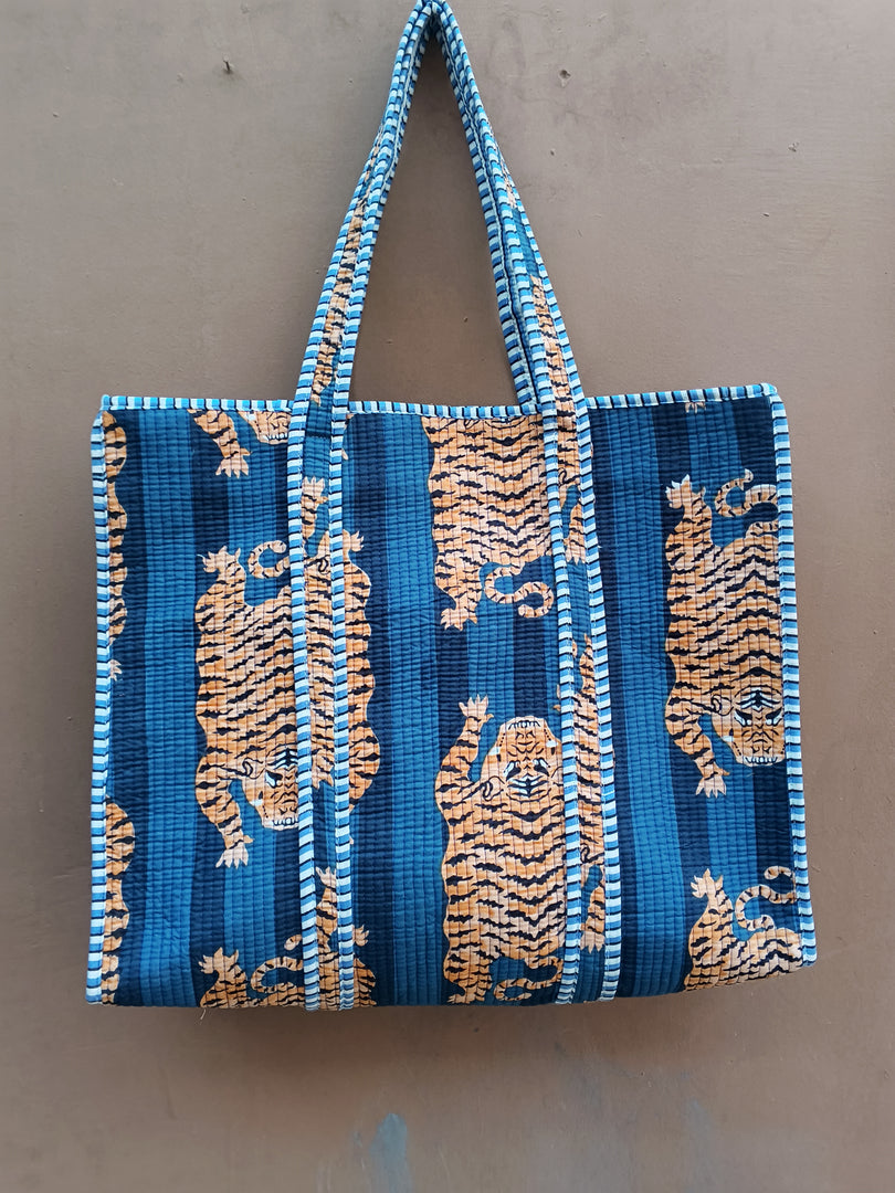 Handmade Quilted Cotton Tote Bag | Blue Tiger Print Shoulder Bag | Block Print Everyday Tote | Reversible Travel Shopping Bag