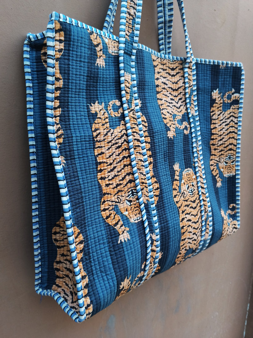 Handmade Quilted Cotton Tote Bag | Blue Tiger Print Shoulder Bag | Block Print Everyday Tote | Reversible Travel Shopping Bag