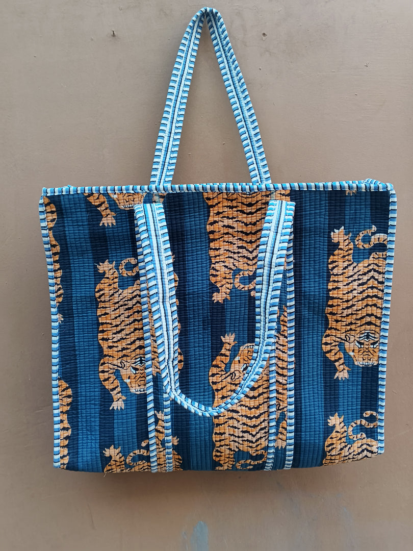 Handmade Quilted Cotton Tote Bag | Blue Tiger Print Shoulder Bag | Block Print Everyday Tote | Reversible Travel Shopping Bag