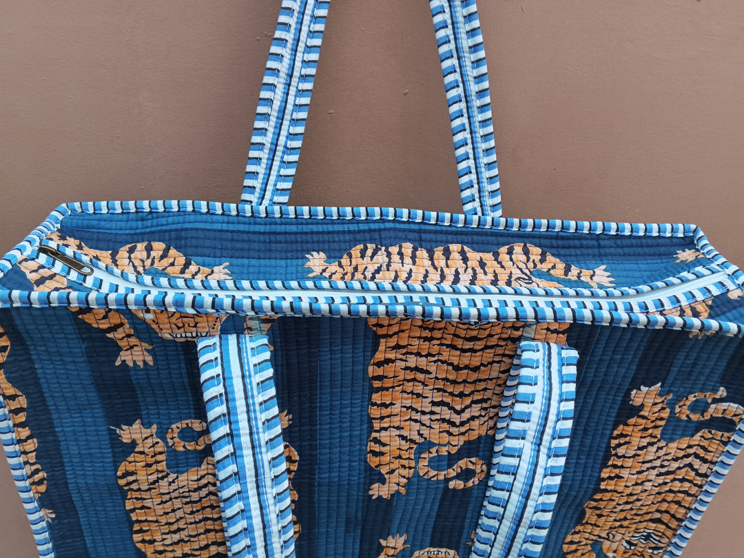 Handmade Quilted Cotton Tote Bag | Blue Tiger Print Shoulder Bag | Block Print Everyday Tote | Reversible Travel Shopping Bag
