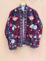 Load image into Gallery viewer, Handmade Burgundy Velvet Suzani Jacket, Floral Embroidered Boho Coat
