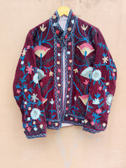 Handmade Burgundy Velvet Suzani Jacket, Floral Embroidered Boho Coat