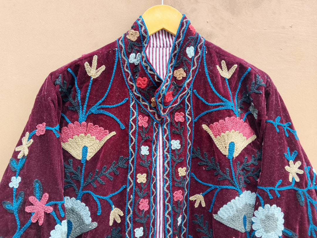 Handmade Burgundy Velvet Suzani Jacket, Floral Embroidered Boho Coat
