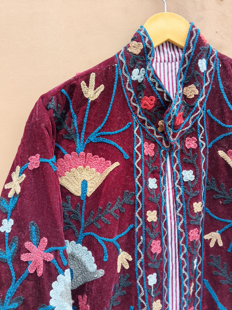 Handmade Burgundy Velvet Suzani Jacket, Floral Embroidered Boho Coat