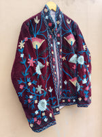 Load image into Gallery viewer, Handmade Burgundy Velvet Suzani Jacket, Floral Embroidered Boho Coat