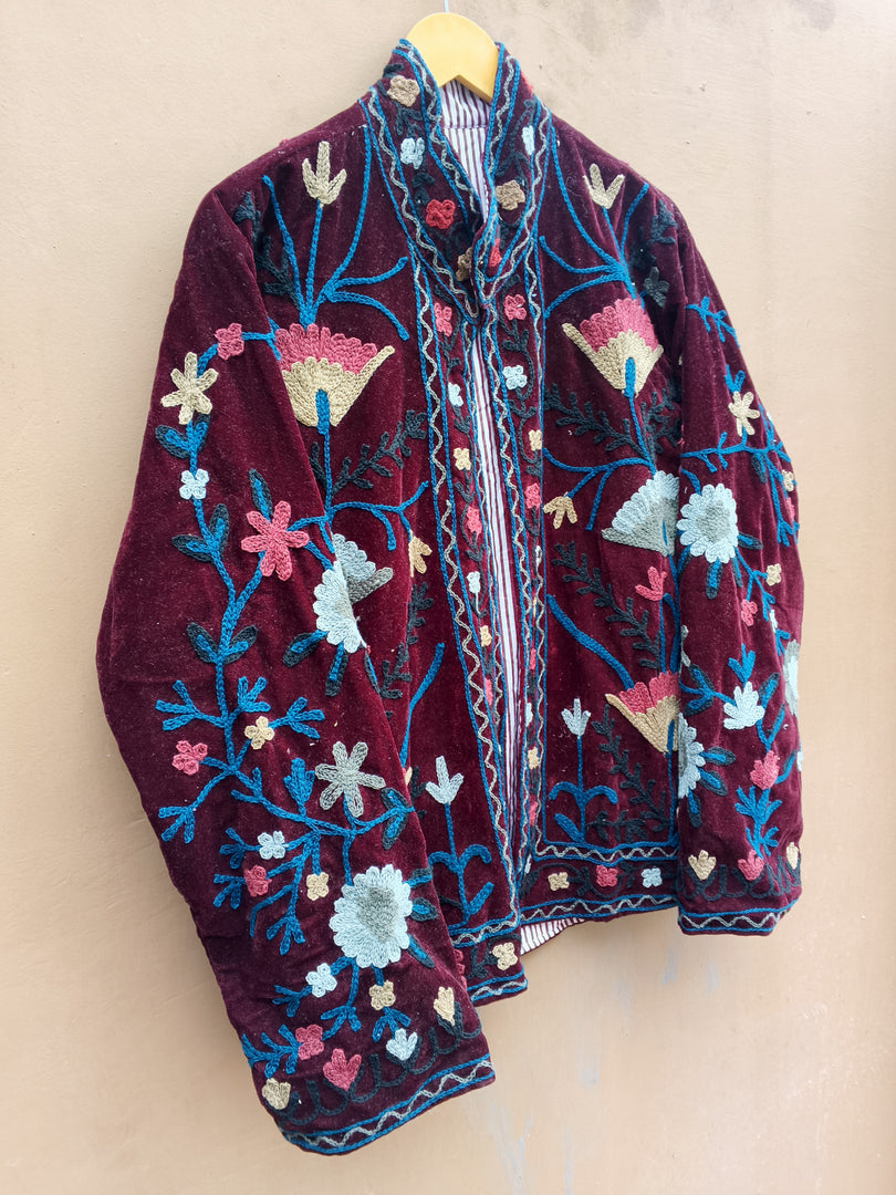 Handmade Burgundy Velvet Suzani Jacket, Floral Embroidered Boho Coat