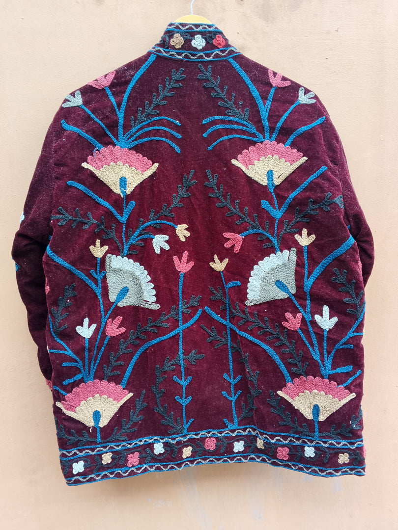 Handmade Burgundy Velvet Suzani Jacket, Floral Embroidered Boho Coat