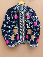 Load image into Gallery viewer, Handmade Navy Blue Velvet Suzani Jacket, Floral Embroidered Boho Coat