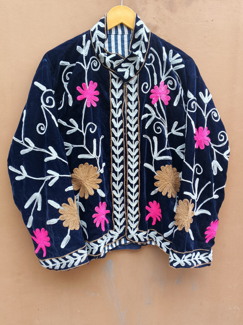 Handmade Navy Blue Velvet Suzani Jacket, Floral Embroidered Boho Coat