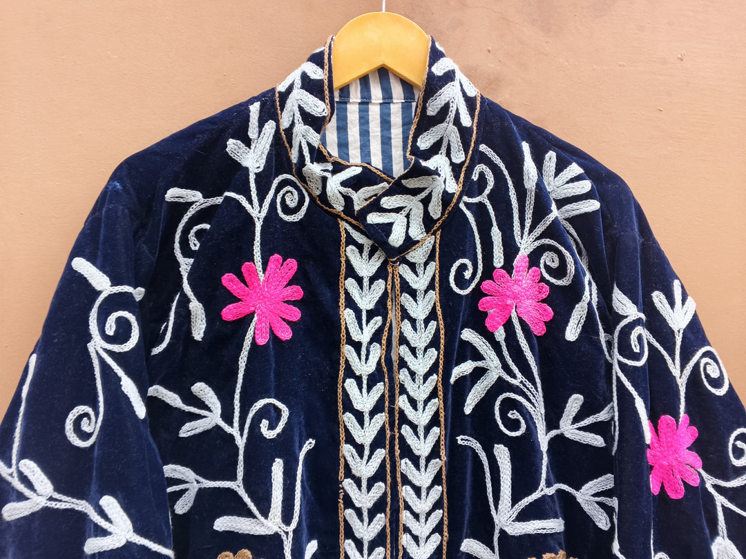 Handmade Navy Blue Velvet Suzani Jacket, Floral Embroidered Boho Coat