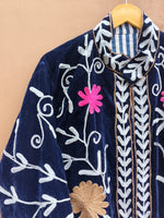 Load image into Gallery viewer, Handmade Navy Blue Velvet Suzani Jacket, Floral Embroidered Boho Coat