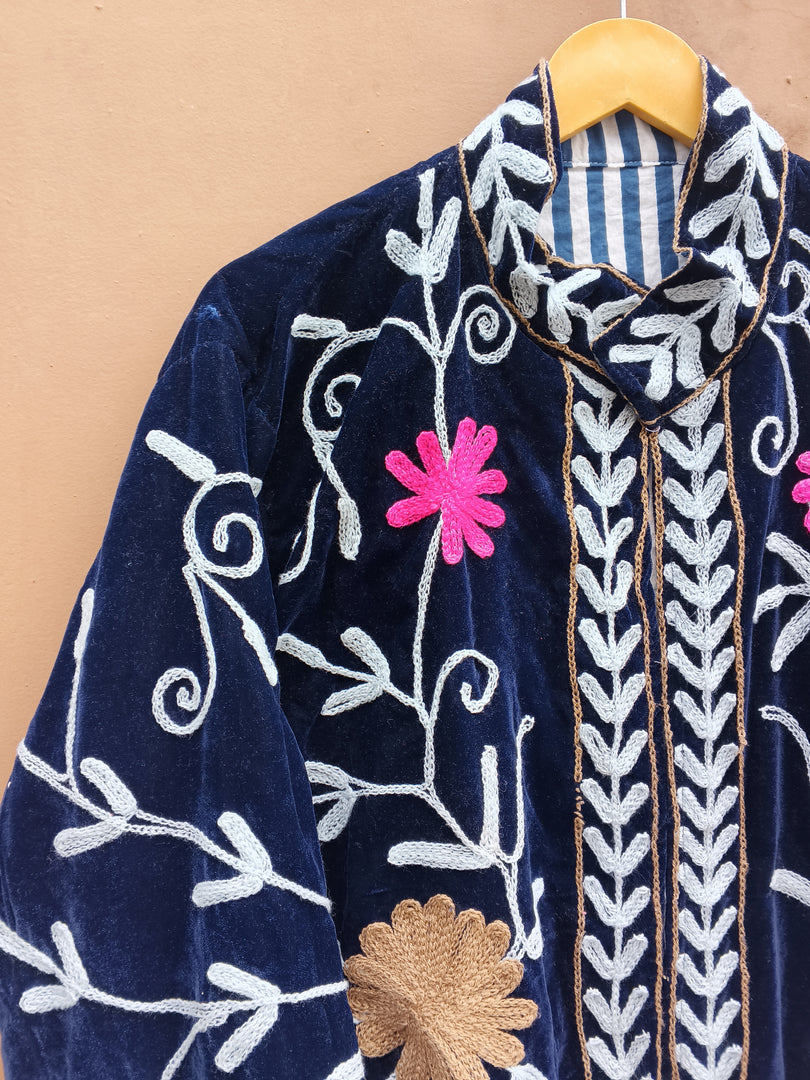 Handmade Navy Blue Velvet Suzani Jacket, Floral Embroidered Boho Coat