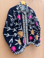 Load image into Gallery viewer, Handmade Navy Blue Velvet Suzani Jacket, Floral Embroidered Boho Coat