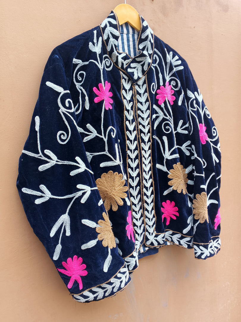 Handmade Navy Blue Velvet Suzani Jacket, Floral Embroidered Boho Coat
