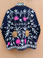 Load image into Gallery viewer, Handmade Navy Blue Velvet Suzani Jacket, Floral Embroidered Boho Coat