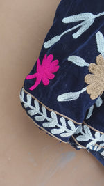 Load and play video in Gallery viewer, Handmade Navy Blue Velvet Suzani Jacket, Floral Embroidered Boho Coat
