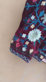 Load and play video in Gallery viewer, Handmade Burgundy Velvet Suzani Jacket, Floral Embroidered Boho Coat